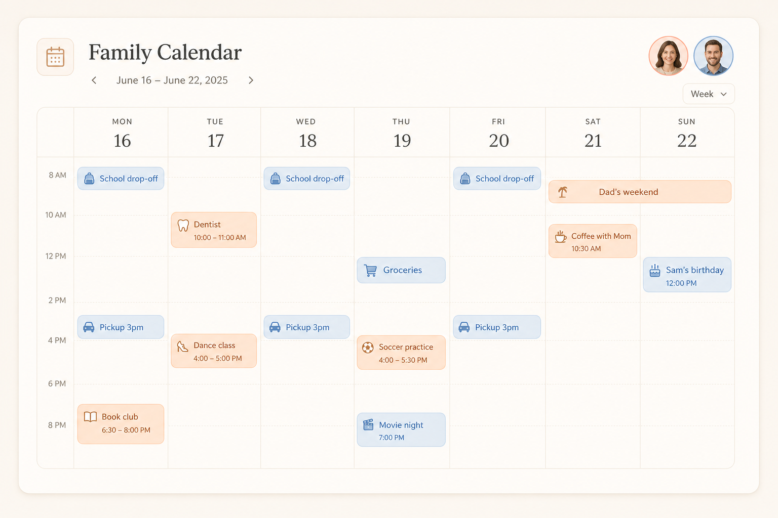 Vista semanal del calendario familiar compartido con eventos por color